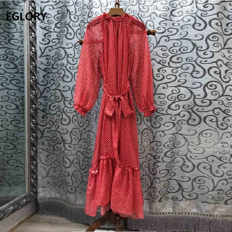 High Quality New Autumn Long Dress Women Polka Dot Print Belt Patchwork Long Sleeve Casual Party Long Maxi Dress Vestidos