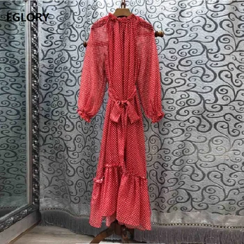 

High Quality New 2019 Autumn Long Dress Women Polka Dot Print Belt Patchwork Long Sleeve Casual Party Long Maxi Dress Vestidos