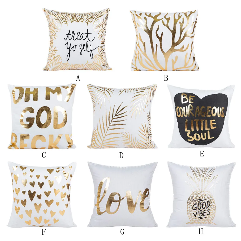 

Hot Comfortable Soft Home Basic Pillows Gold Foil Printing Pillow Case Hotel Waist Throw Polyester Cover Home Text Love Pillows