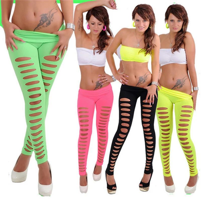 Wholesale Fluorescent candy colored leggings hole Casual fashion pants