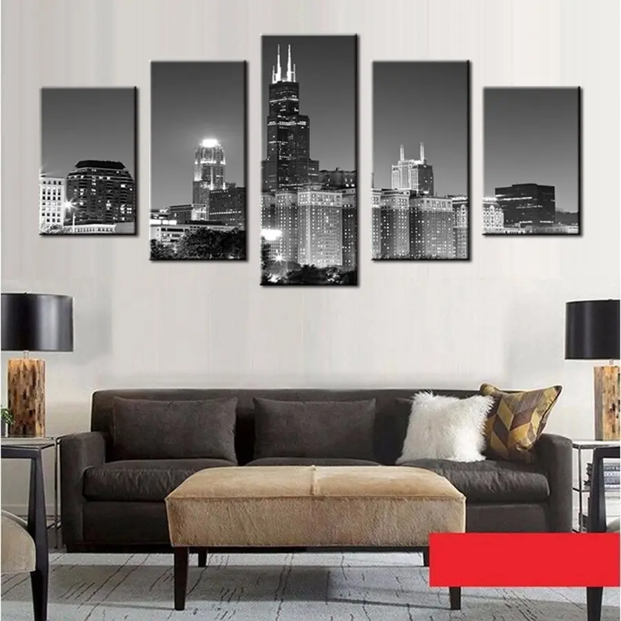 Chicago Skyline Malam Hitam Dan Putih Canvas Print Wall Art