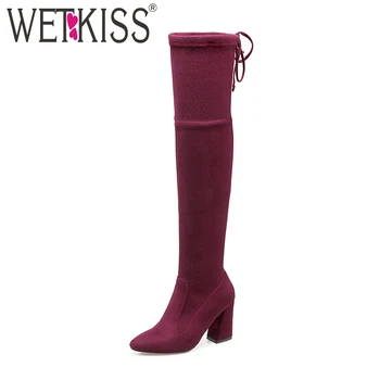 

WETKISS Over The Knee Women Boots Flock Pointed Toe Cross Tied Footwear Stretch Female Boot Party High Heels Shoes Women Winter