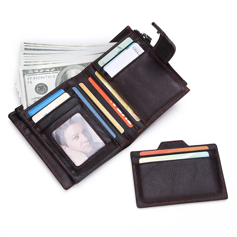Men's wallet purse oil wax leather double zipper purse first layer leather wallet leather short coin coin fashion brand 347 Men's wallet purse oil wax leather double zipper purse first layer leather wallet leather short coin coin fashion brand 347