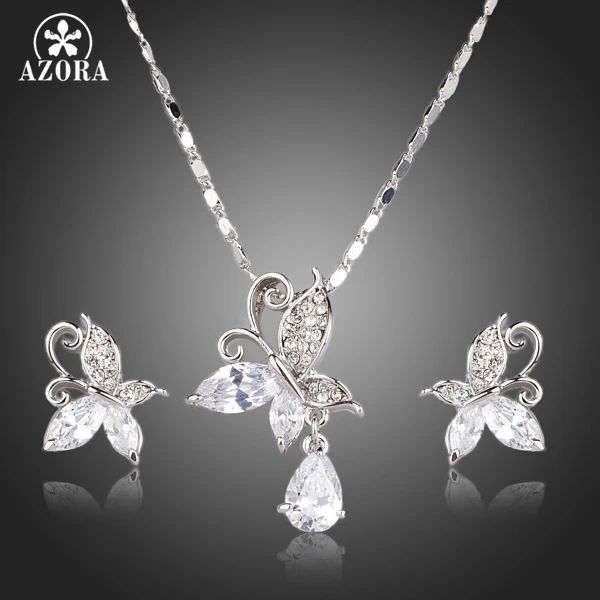 AZORA Cute Butterfly Clear Cubic Zirconia Tear Drop Pendant Necklace and Stud Earrings Jewelry Sets TG0141