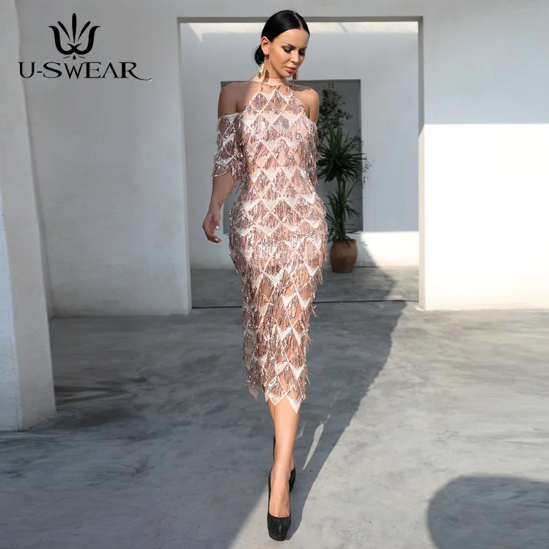 

U-SWEAR Evening Dress 2019 Sexy Halter Tassel Tea-Length Evening Party Prom Formal Gowns Elegant Dresses Vestidos Robe De Soiree