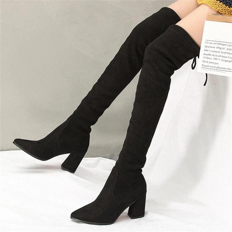 

New 2019 Autumn Winter Flock Leather Women Boots High Heels Shoes Luxury Brand Sexy Boots Female Over the Knee High Heel Boots