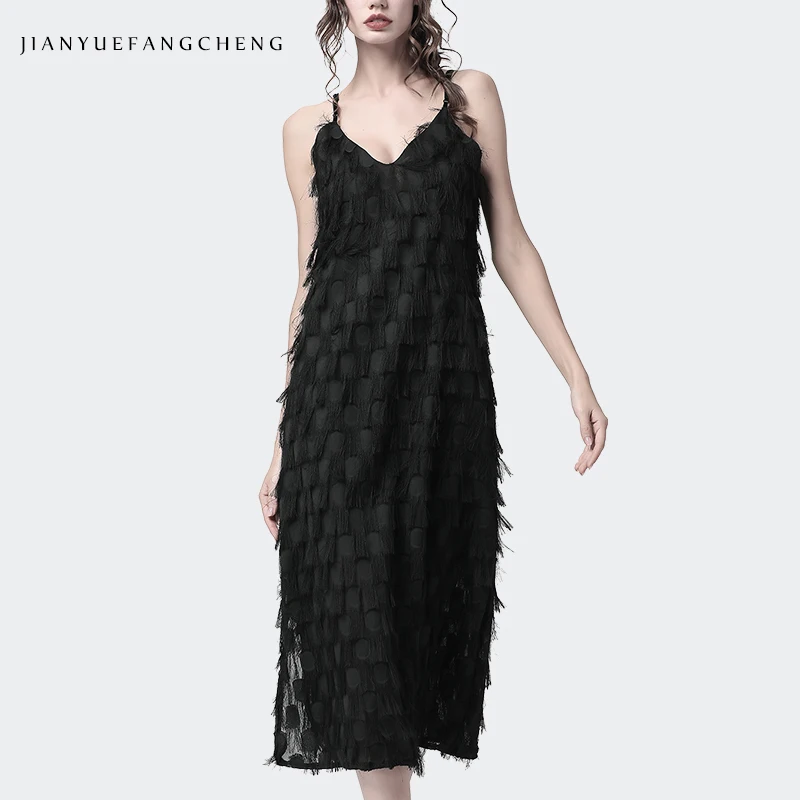 

Women Summer 3D Tassel Sling Dress Sexy Sleeveless Backless V-Neck Side Slit Long Dresses Plus Size Casual Party Women Clothing
