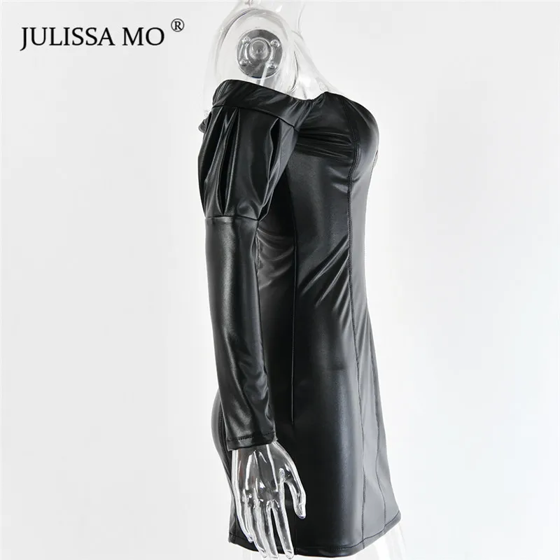 Julissa mo черное облегающее платье из искусственной кожи, сексуальное мини-платье с v-образным вырезом и открытыми плечами, осенняя мода, короткое платье на молнии с пышными рукавами