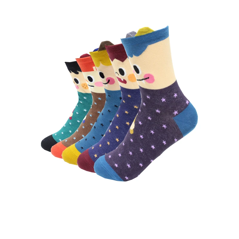 Новые модные женские носки цвет 5 пар/лот осень-зима красочные милые Мультяшные носки женские смешной улыбающийся лицо хлопковые носки
