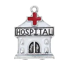 Doreenbeads амулет кулоны дом старинный серебряный крест узор "Больница" Эмаль белая и красная 27 мм(1 1/") х 20 мм(6/8"), 10 шт