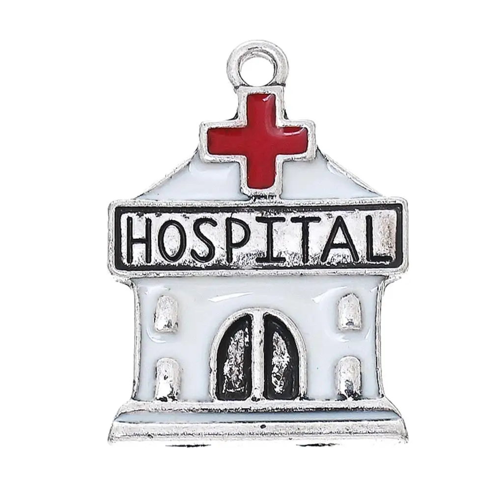 

DoreenBeads Charm Pendants House Antique Silver Cross Pattern " HOSPITAL " Enamel White & Red 27mm(1 1/8")x 20mm(6/8"),10 PCs