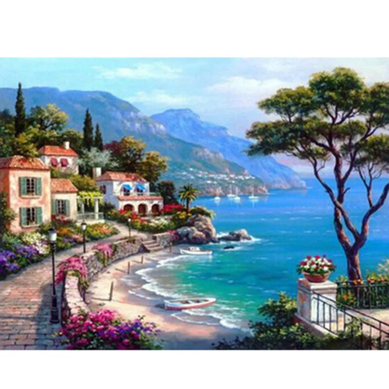 Full Round Square Diamond 5D DIY Diamond Painting Cross Stitch  Embroidery Seaside town Landscape Mosaic Bedroom Home Decor (3)