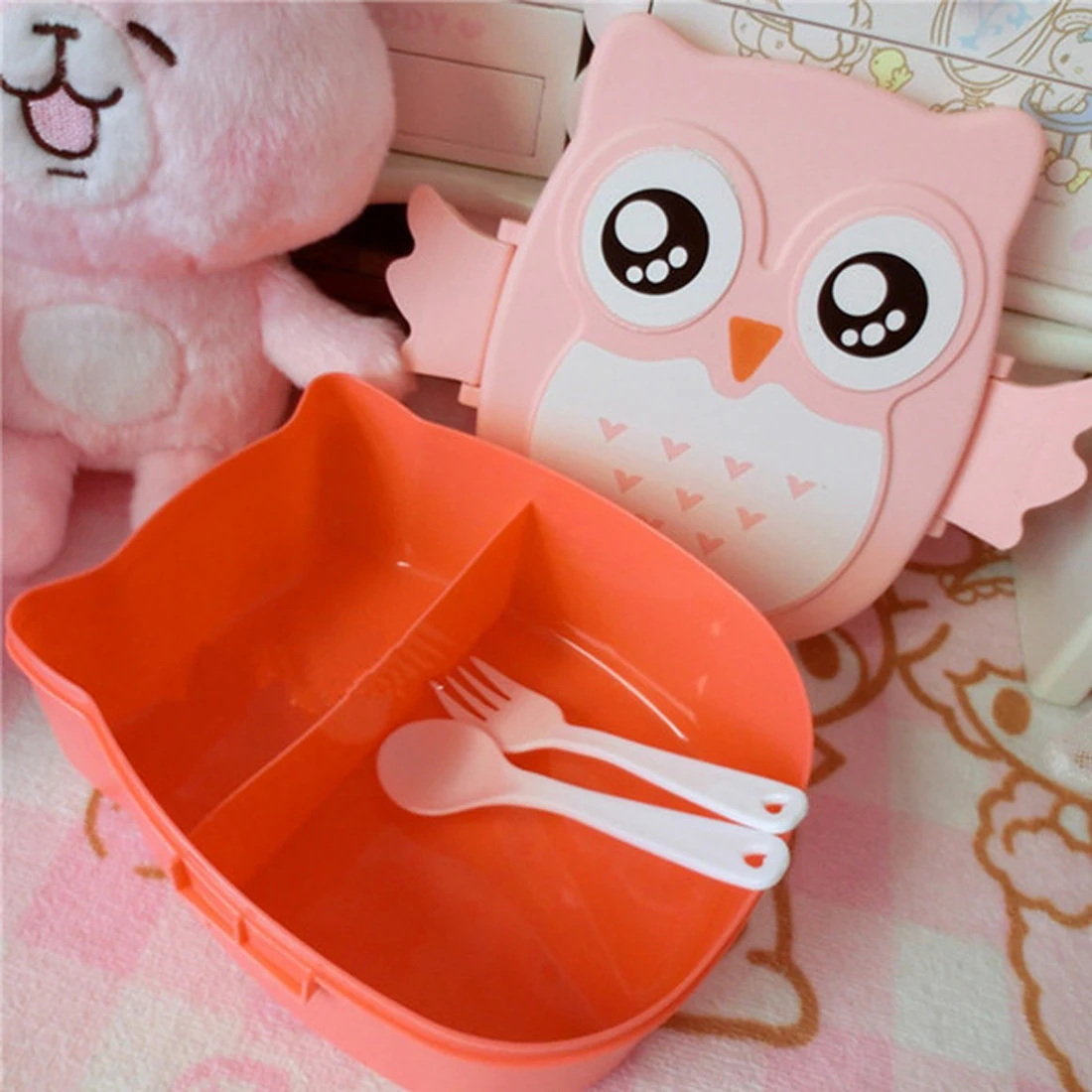 Fashion 2 Layer Cartoon Owl Lunchbox Bento storage for rice Fruit Storage Microwave Plastic box Cutlery Set Fiambrera | Дом и сад