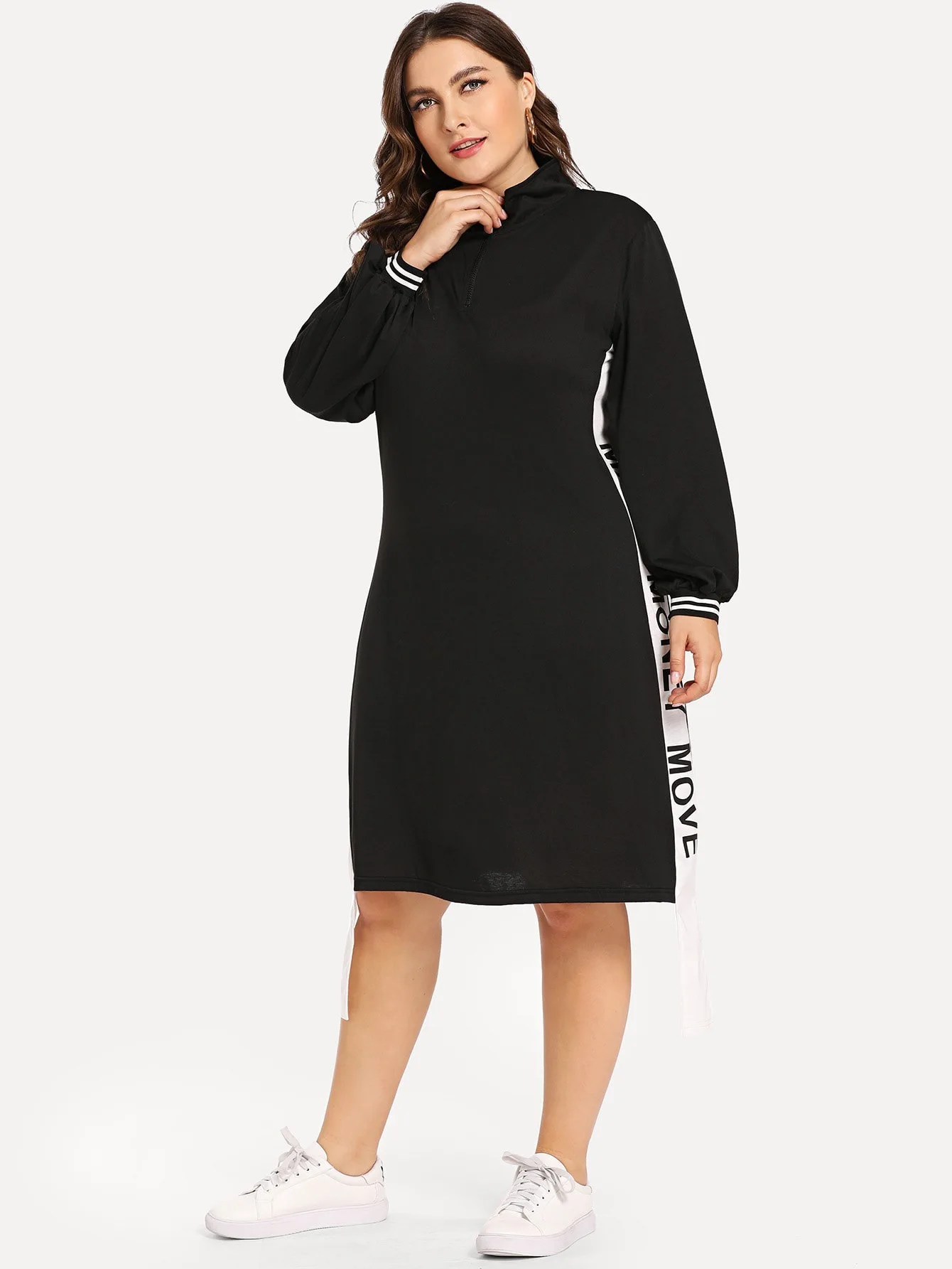 Плюс размер женское Повседневное платье модное черное с длинным рукавом женское платье большого размера осеннее Спортивное платье с буквенным принтом Vestido Большие размеры