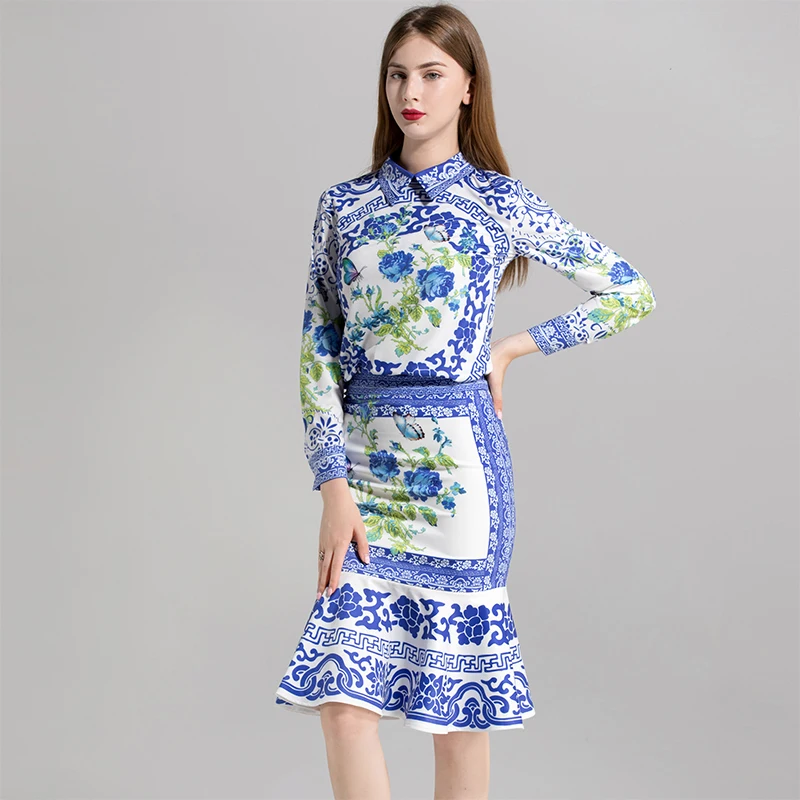 Turn down Sirène Bleu Hot Longueur À Genou Jupes De 2018 Ensembles Chemises Col Automne Costumes Haute Mode D'impression Femmes Qualité TvnzqwPIx