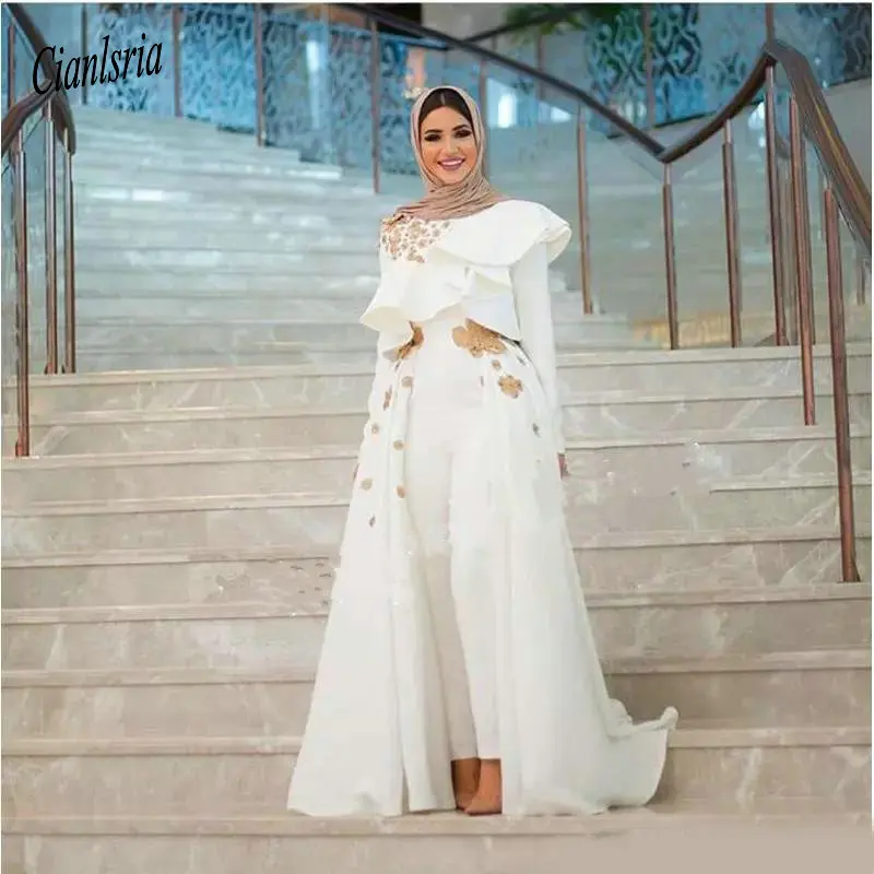 Мусульманский комбинезон вечерние платья Брюки со съемным шлейфом жемчужина шеи Длинные рукава с аппликацией Кружева оборками роскошное платье