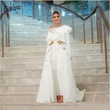 Мусульманский комбинезон вечерние платья Брюки со съемным шлейфом жемчужина шеи Длинные рукава с аппликацией Кружева оборками роскошное платье