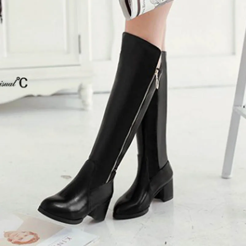 

Fashion Round Toe Low Thick Heels Knee High Boots For Women Vintage Pu Leather Side Zipper Women Ridding Boots Plus Size 34-47