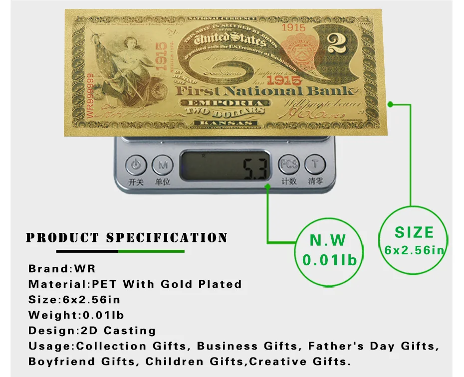 WR 1875 год 2 доллара 24 k золото банкнота дома декоративные американские красочные мировые купюры Металлические ремесла Искусство Орнамент для подарков