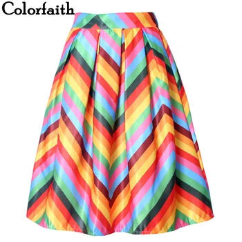 

2016 Spring Summer Rainbow Skirt Womens Gorgeous Pleated Stripe Puff Skirt Ladies saia Large Swing Ball Gown Midi Skirt SK037
