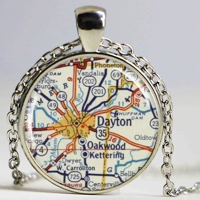 Dayton Map Pendant, Resin Charm, Dayton Ohio Map Necklace, Round Silver, Map Charm, Picture Jewelry
