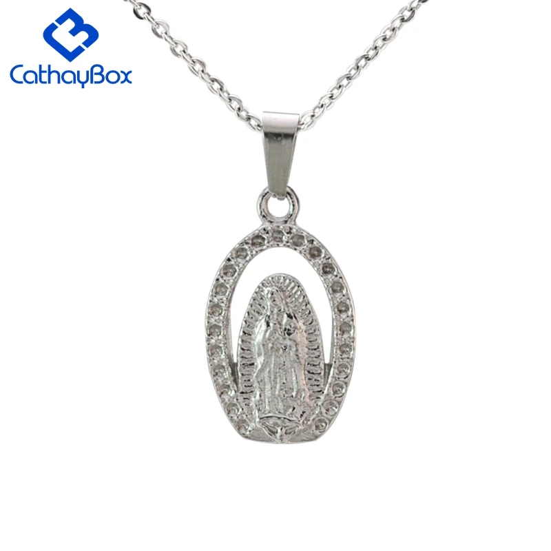 Our Lady of Guadalupe Mary Pendant Necklace Women Silver Tone Stainless