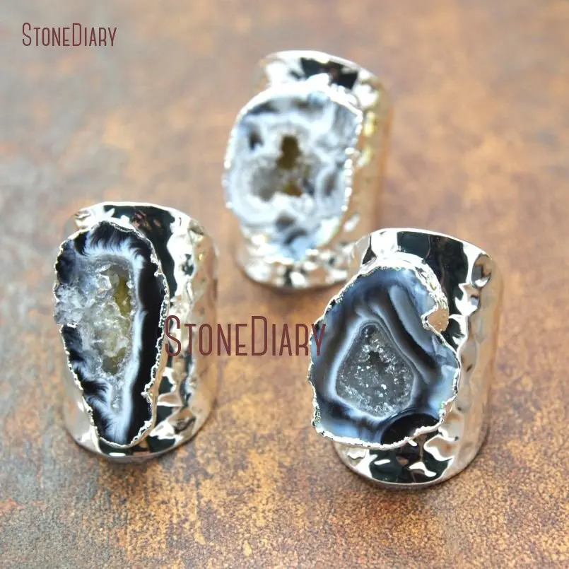 

5Pcs Cheap Silver Plated Irregular Shape Ring Agates Druzy Geode Ring Adjustable RM15301