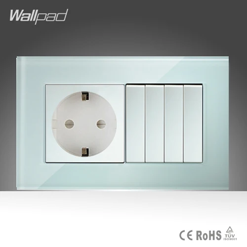 4 клавиши и европейские розетки Wallpad 146*86 мм BS CE белое Хрустальное стекло 16 А