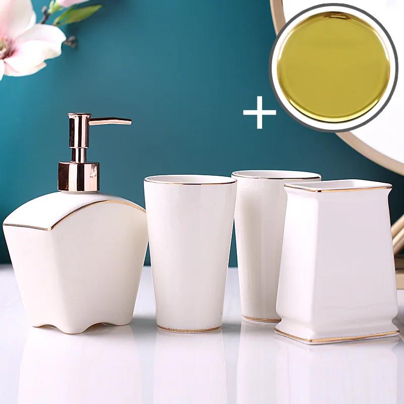 Однотонные керамические принадлежности для ванной комнаты, бутылка для лосьона, держатель для зубной щетки, мыльница в японском стиле, домашний набор для ванной - Цвет: C8--5-piece set