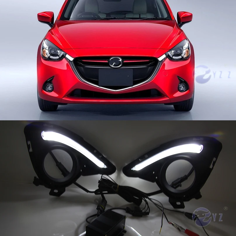 

Car Flashing 1 Set DRL For Mazda 2 Mazda2 Demio 2015 2016 LED DRL Daytime Running Lights Daylight Fog light cover yellow signal