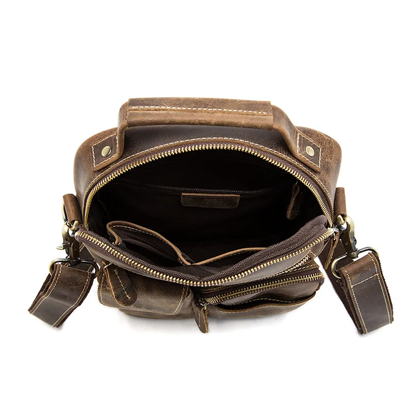 Soft face solid color wear Cow Leather men bags retro three-dimensional design crazy horse leather men's shoulder Messenger bag