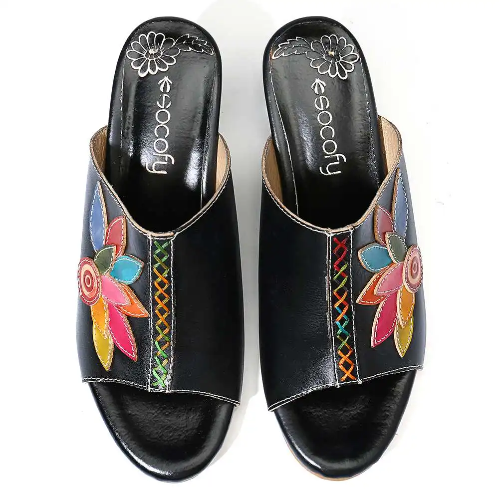SOCOFY/мягкая обувь из натуральной кожи; ручная роспись; цветочный узор; босоножки на танкетке; сандалии на каждый день; удобная элегантная обувь