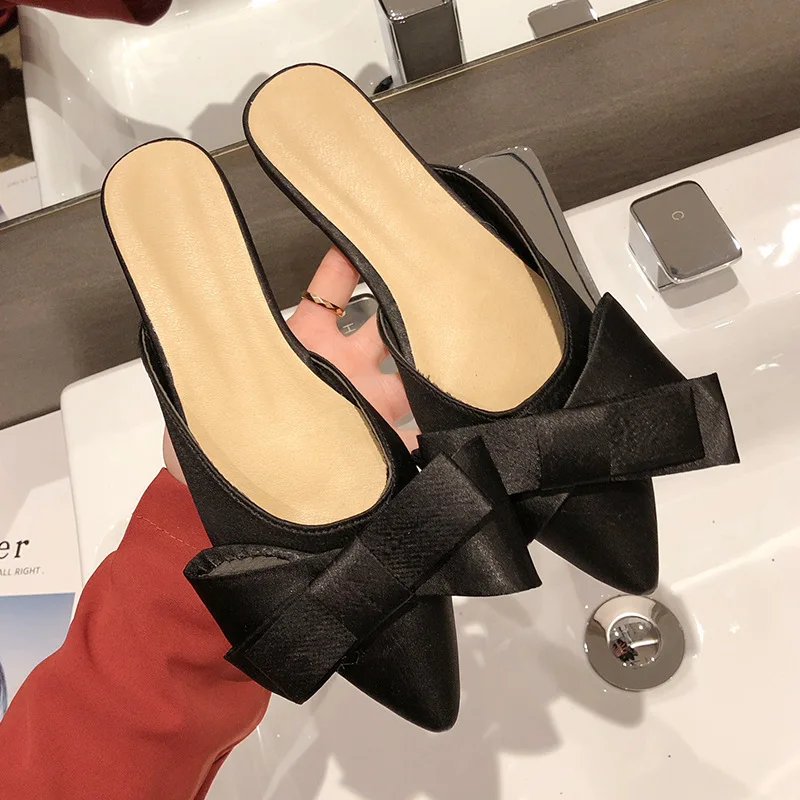 

spring and summer women's shoes Korean silk satin Pointed bow tie slippers Baotou flat heel sets semi slippers fgb67