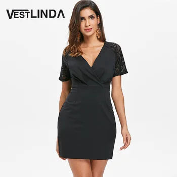 

VESTLINDA Raglan Sleeve Lace Panel V Neck Short Sleeve High Waist Black Dress Summer 2018 Women Casual Mini Bodycon Vestidos