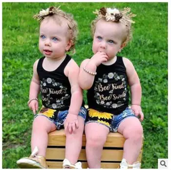 

WASAILONG new Girl's summer suit printed cotton monogram vest and sunflowers denim shorts set