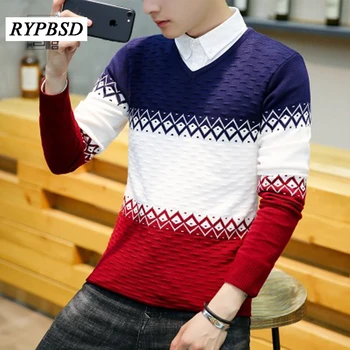 

V-neck Men Pullovers Patchwork Knitted Sweater Male Slim Fit Fashion Casual High Quality Hedging Mens Sweaters for 2017