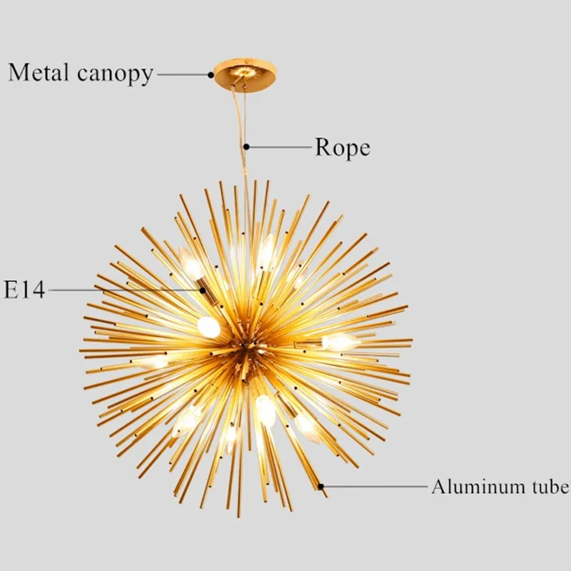 Золотая алюминиевая трубка Искра шар фейерверк люстра в форме одуванчика светильник ing luminarias Ежик люстра светильник светильники Прямая поставка