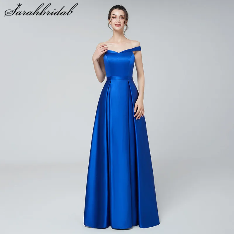 

Vintage Sexy Long Evening Dresses Satin A Line Royal Blue Off-The Shoulder Sleeveless Prom Party Gowns Back Zip Pleats Hot 3171