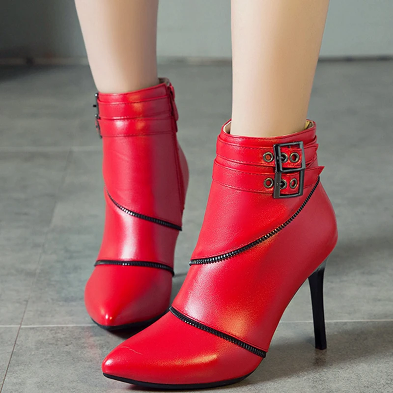 

Rimocy Patent Leather High Heels Ankle Boots for Women Fashion Point Toe Metal Buckle Botas Mujer Big Size 35-50 Woman Shoes