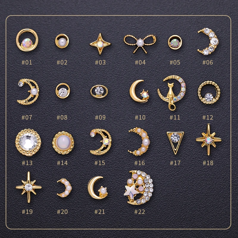 

5/10Pcs 3D Nail Art Decoration Moon Star Rhinestone Gold Nail Studs DIY Accessories Mixed Pattern for UV Gel DIY Decors
