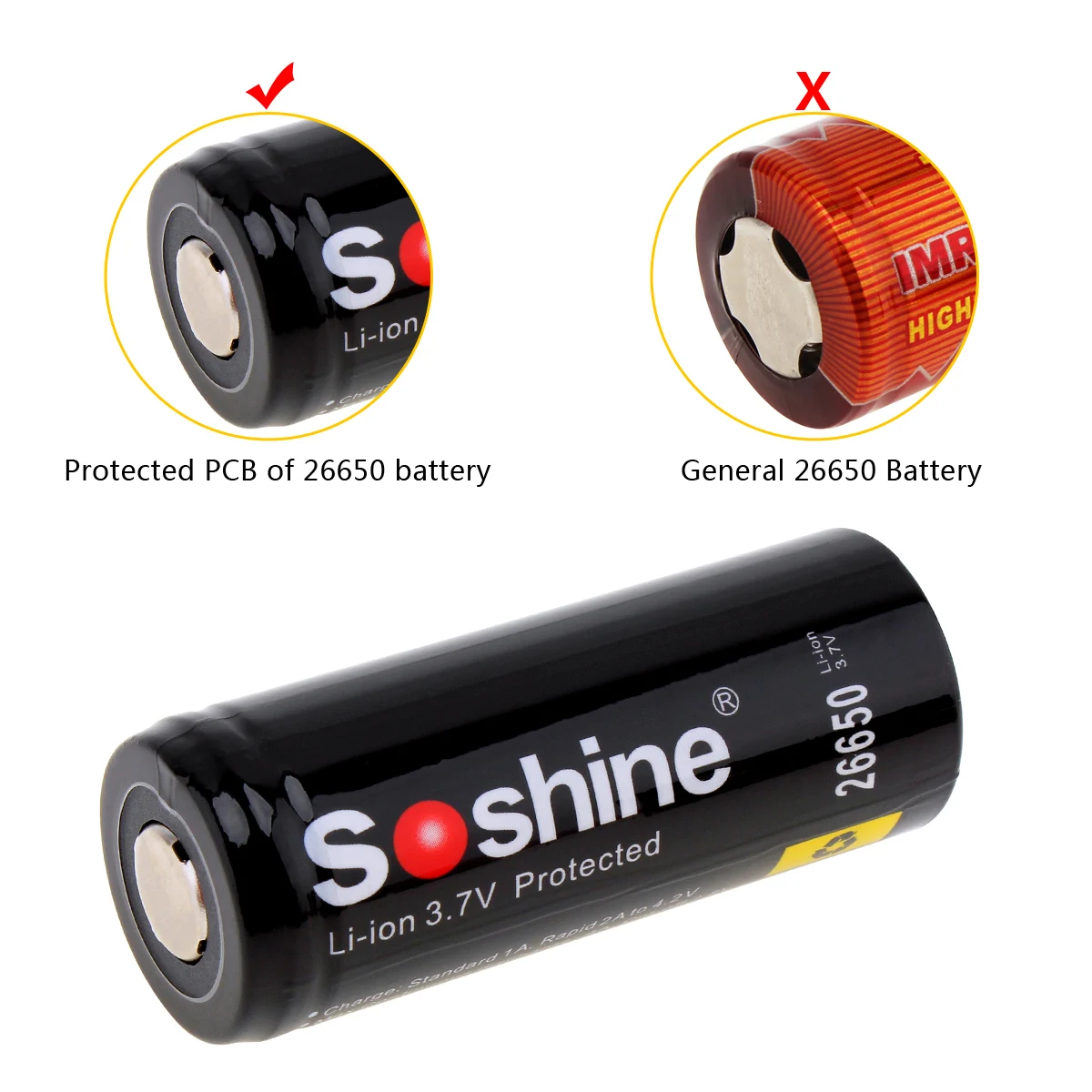 Soshine 3,7 V 5500mAh 26650 литий-ионный аккумулятор Перезаряжаемые Батарея с защитой PCB для Светодиодный фонарики Налобные