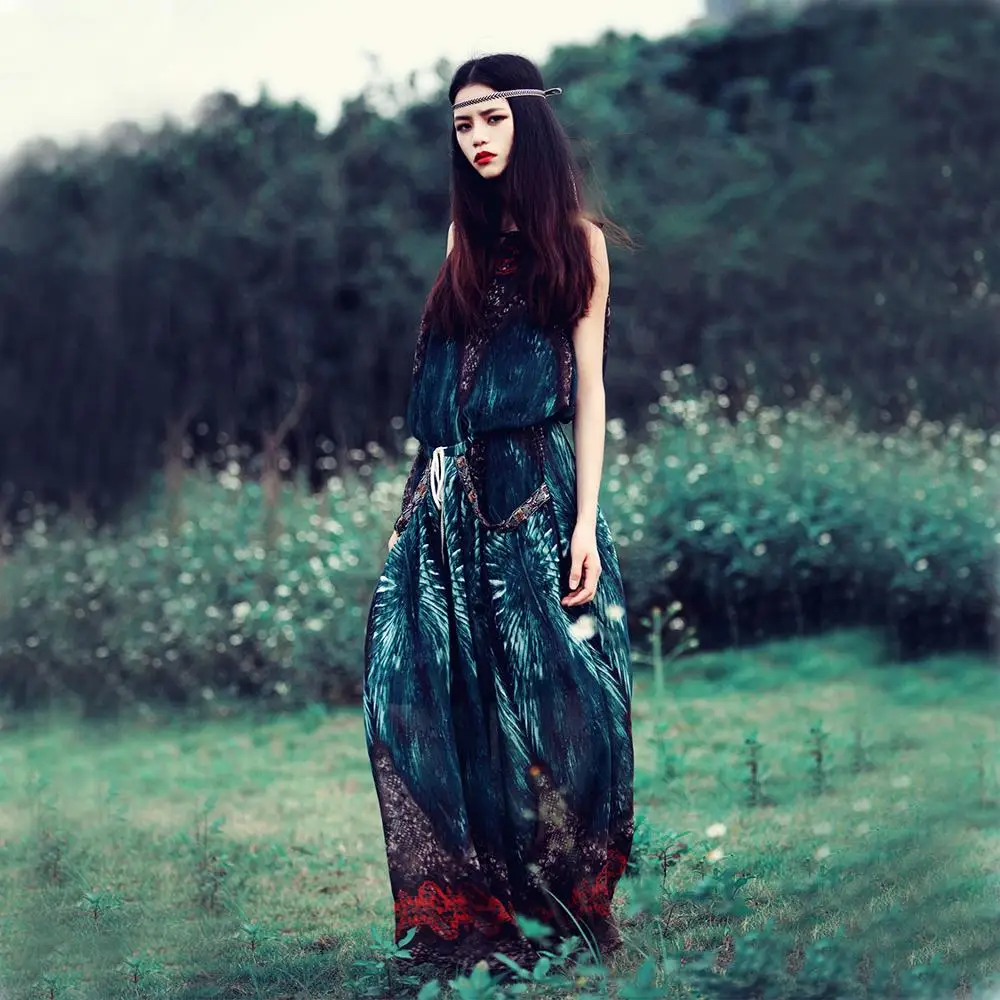 

Summer vacation national Bohemian Chiffon beach woman dress sexy Sleeveless Pockets Floor-Length Spaghetti Strap V-Neck dress