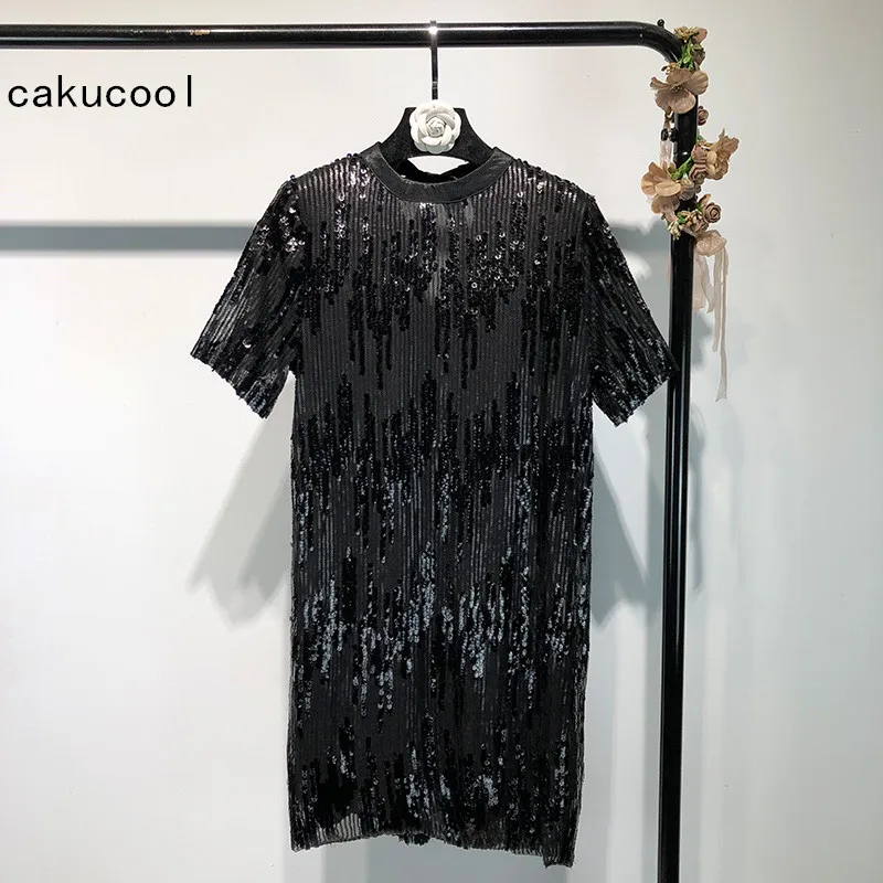 

Cakucool Full Sequins Dress Short Sleeve Round Neck Bow Ties Straight Mini Dress Black Luxury Slim Vintage Vestido Dresses