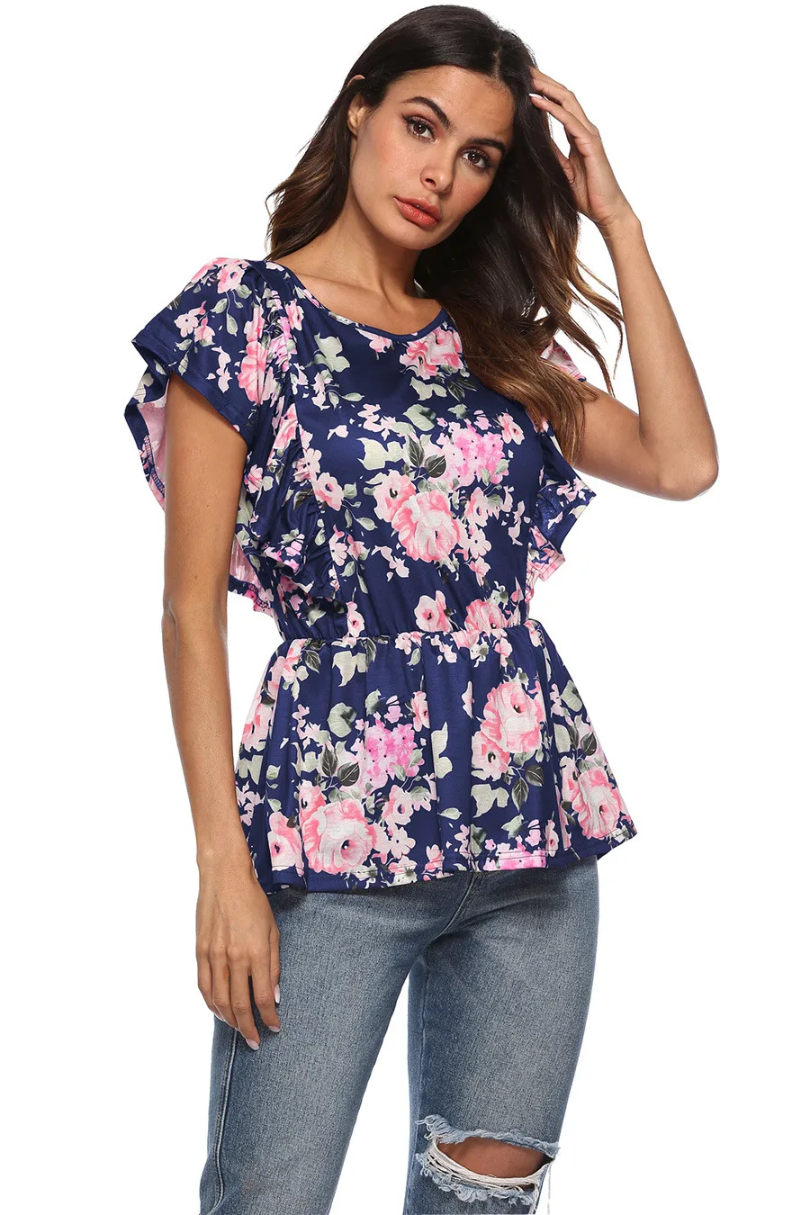 Gladiolus 2018 Floral Print Women T-Shirts O-Neck Butterfly Sleeve Blue Red Slim T Shirt Women Summer Casual Ruffled Ladies Tops (10)