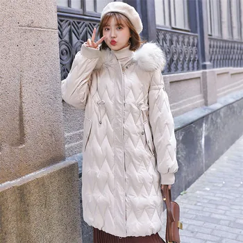 

Winter Coat Women Black Gray Yellow Plus Size Loose Feather Hooded Parkas 2019 New Korean Fashion Long Thick Down Jacket CX958