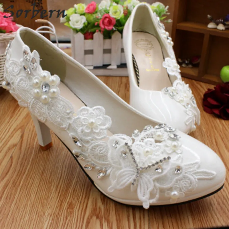 

Sorbern Fashion White Butterfly Crystals Wedding Shoes 8Cm High Heels Round Toe Slip On Platform Bridal Shoe Ladies Pumps Heels
