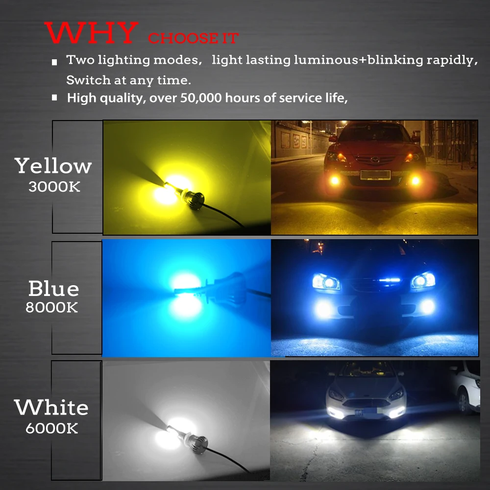 PHELENSEY Car H3 h8 h9 H11 880 801 светодиодные лампы Противотуманные фары 80 Вт 9600LM двухцветные