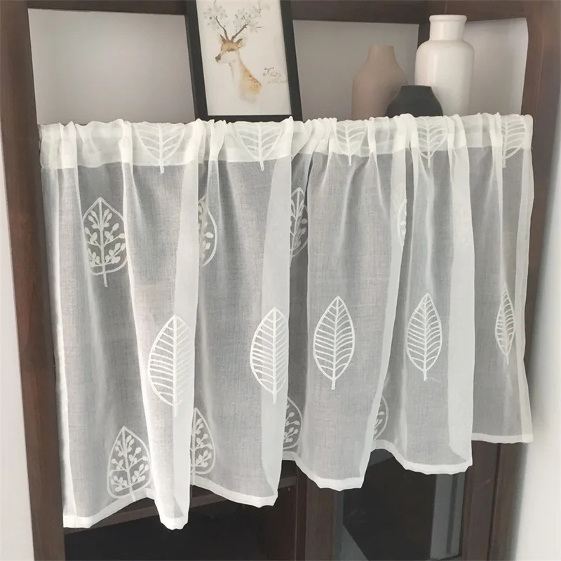 

American Style Roman Finished Curtain Leaves Embroidered Rustic Curtain Blinds For Kitchen Gauze Small Coffee Curtain D008#4