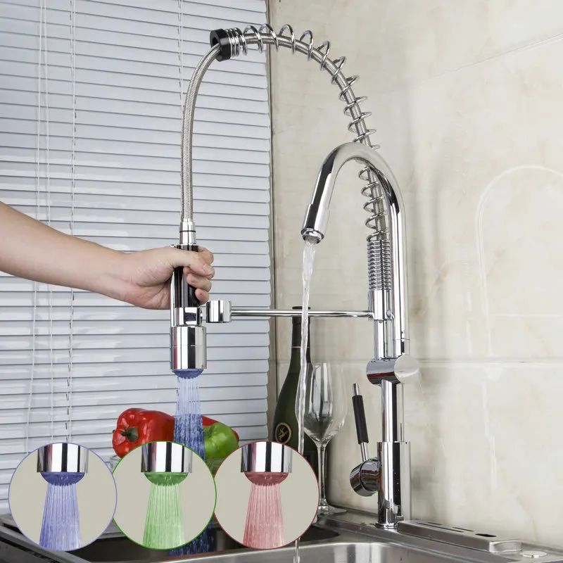 30 LED Pull Out UP Down With Sprayer Kitchen Sink Mixer Tap Chrome Faucets BS8525 1D