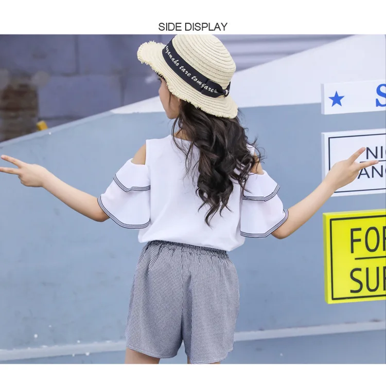 New Casual Teenage Girls Clothing Summer Fashion Bow Ruffle Sleeve Shirt Plaid Shorts Kids Clothes Set 2pcs Korean Children Suit (4)